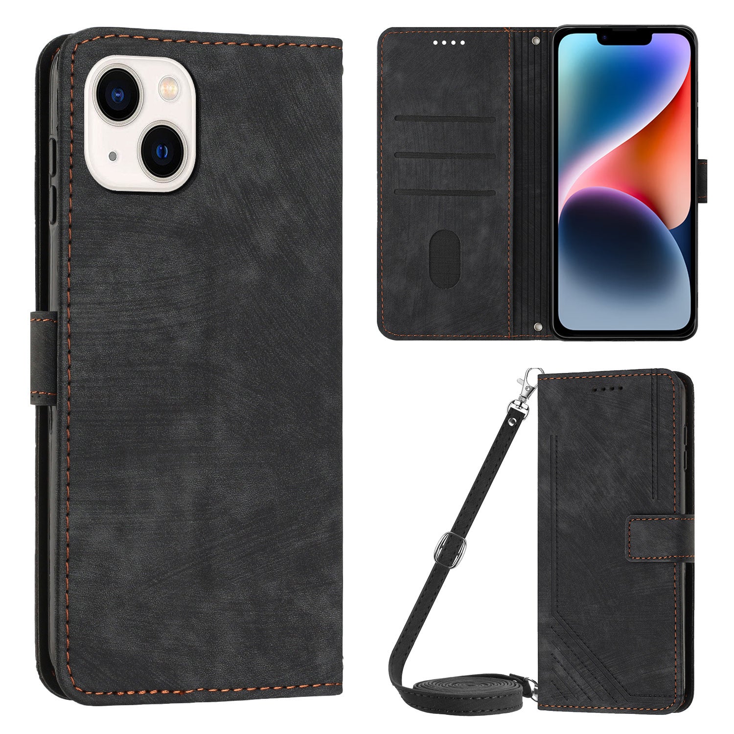 For iPhone 14 Plus Flip Folio Cover PU Leather Lines Imprinted Stand Crossbody Wallet Phone Case For iPhone 14 Plus Flip Folio Cover PU Leather Lines Imprinted Stand Crossbody Wallet Phone Case